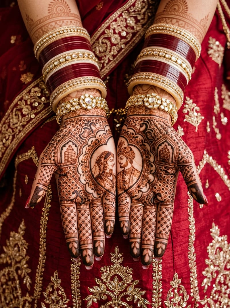 Royal Dulhan Henna design featuring intricate couple motifs