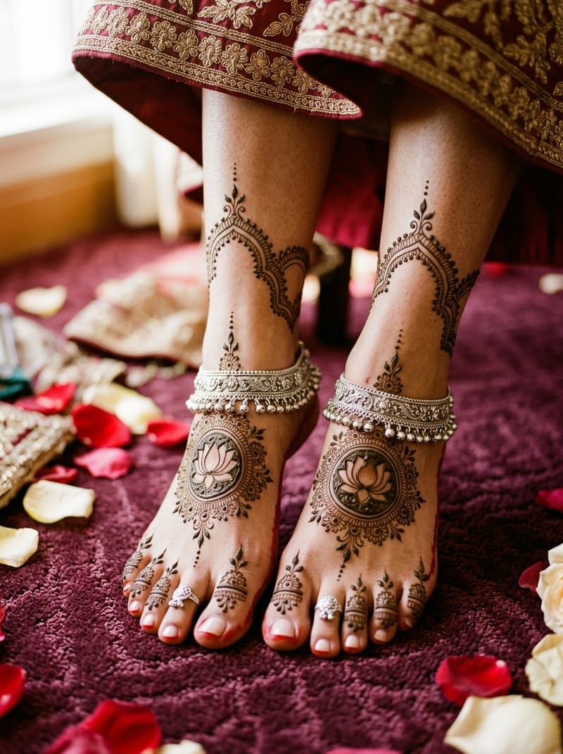 Intricate bridal feet mehndi with anklet vine detailing