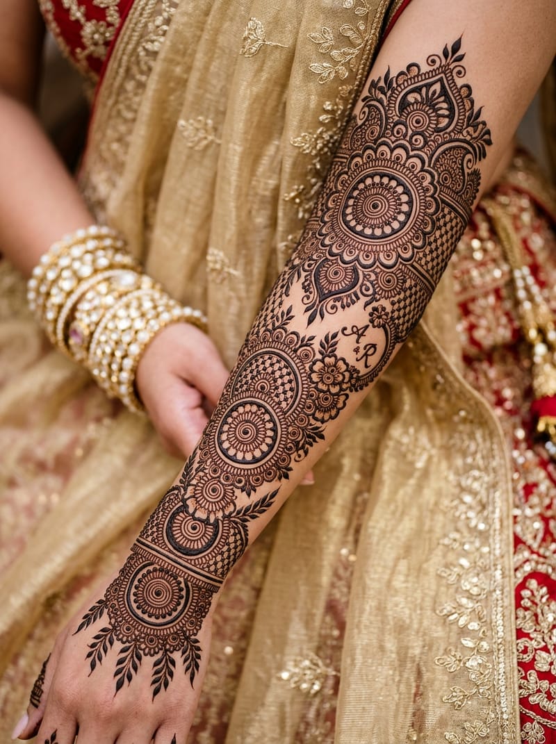 Elbow-length bridal mehndi featuring symmetrical mandalas and groom initials
