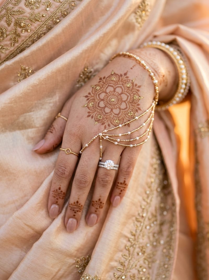 Sagai Ring Bloom engagement mehndi with delicate finger jewelry