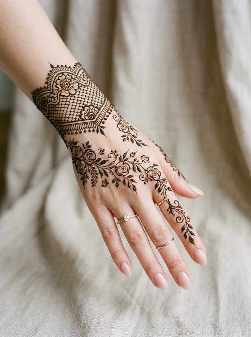 Minimalist finger ring mehndi with negative space wrist cuff