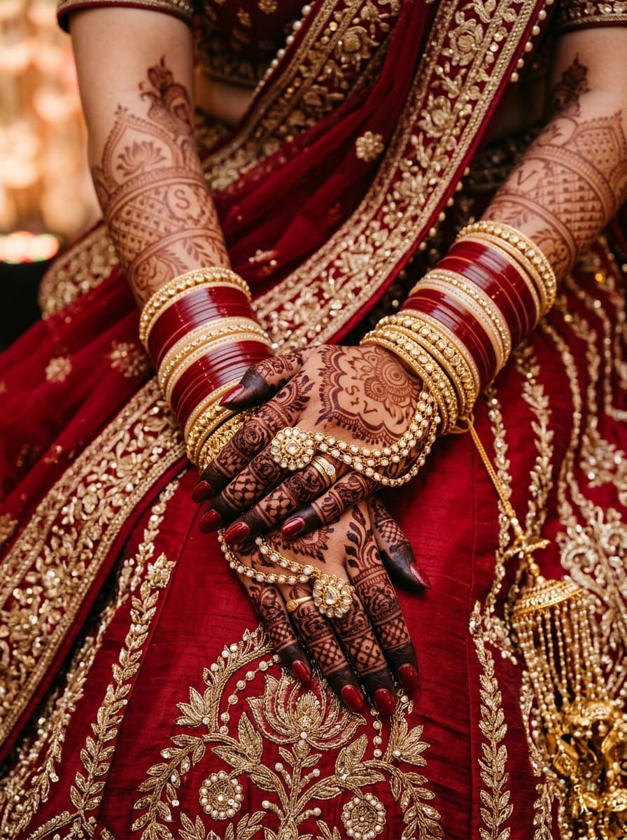 Detailed bridal mehndi application on hands by Alina Henna Studio in Vadodara