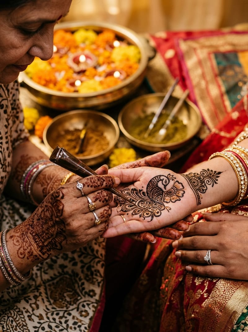 Mehndi artist creating delicate henna patterns in Vadodara
