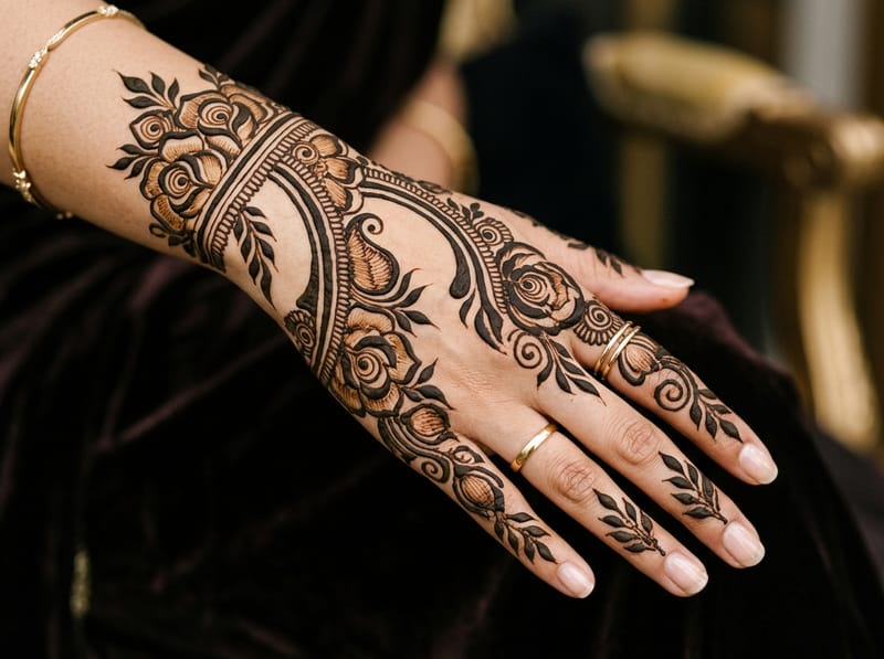 Diagonal floral bel Arabic mehndi design with shaded petals