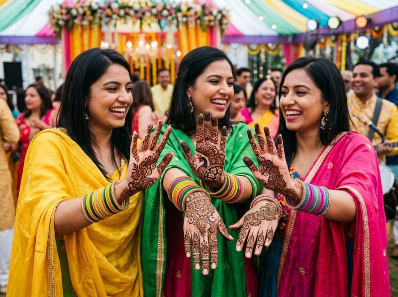 Festive party mehndi applied on guests at wedding event in Vadodara
