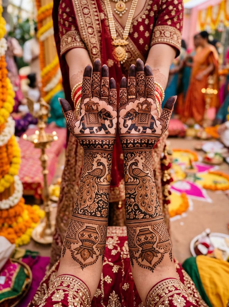 Traditional Rajasthani bridal henna with dense jali and peacock motifs